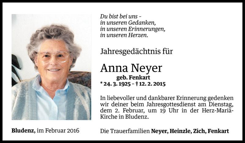  Todesanzeige für Anna Neyer vom 01.02.2016 aus Vorarlberger Nachrichten