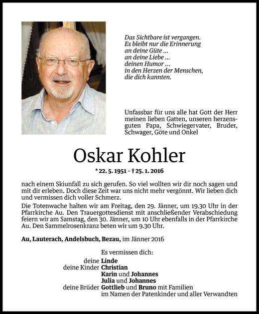 Todesanzeige von Oskar Kohler von Vorarlberger Nachrichten