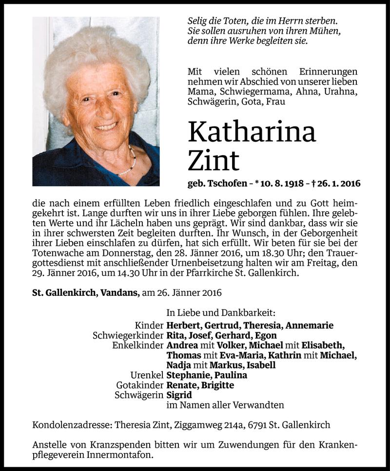  Todesanzeige für Katharina Zint vom 27.01.2016 aus Vorarlberger Nachrichten