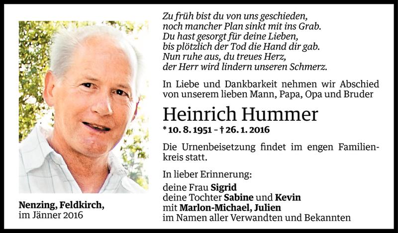  Todesanzeige für Heinrich Hummer vom 28.01.2016 aus Vorarlberger Nachrichten