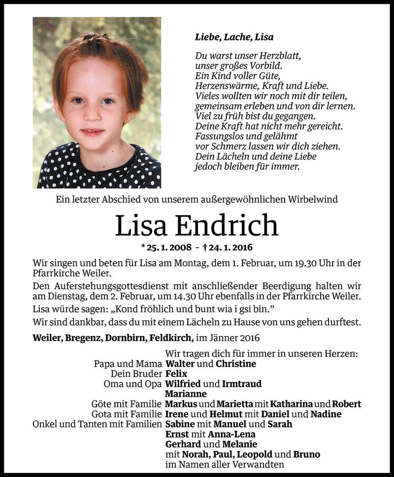  Todesanzeige für Lisa Endrich vom 29.01.2016 aus Vorarlberger Nachrichten