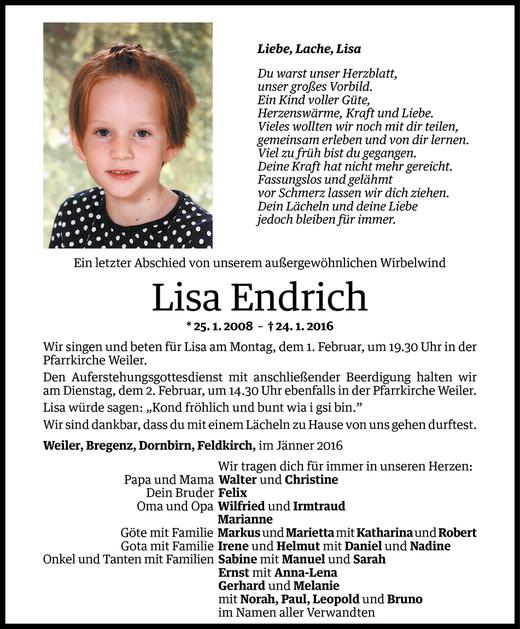 Todesanzeige von Lisa Endrich von Vorarlberger Nachrichten