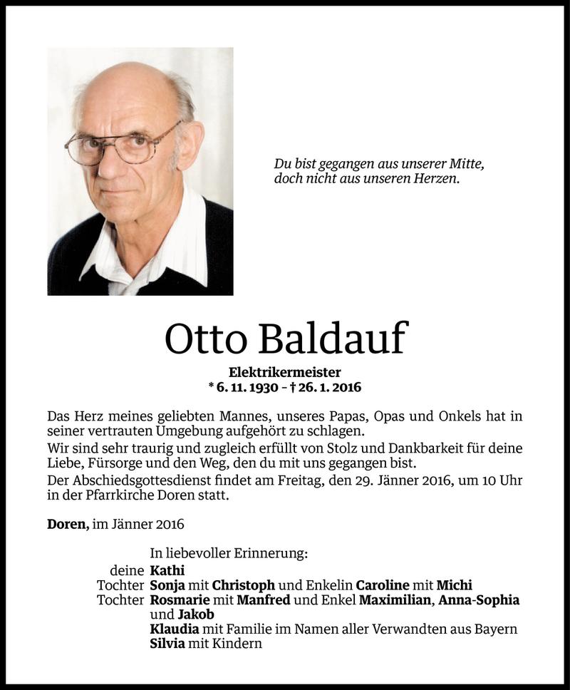  Todesanzeige für Otto Baldauf vom 27.01.2016 aus Vorarlberger Nachrichten