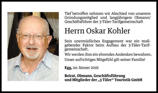Todesanzeige von Oskar Kohler von Vorarlberger Nachrichten