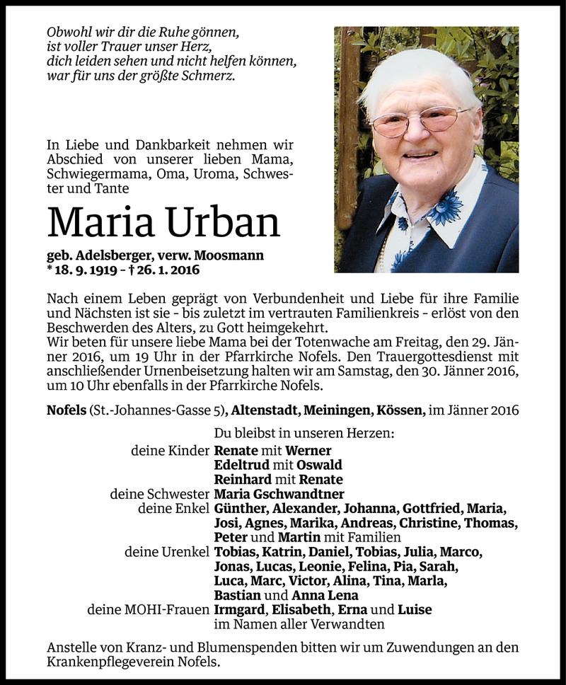  Todesanzeige für Maria Urban vom 27.01.2016 aus Vorarlberger Nachrichten