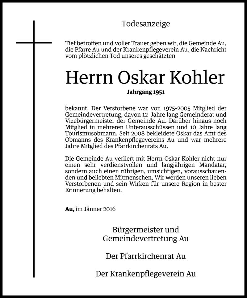  Todesanzeige für Oskar Kohler vom 27.01.2016 aus Vorarlberger Nachrichten