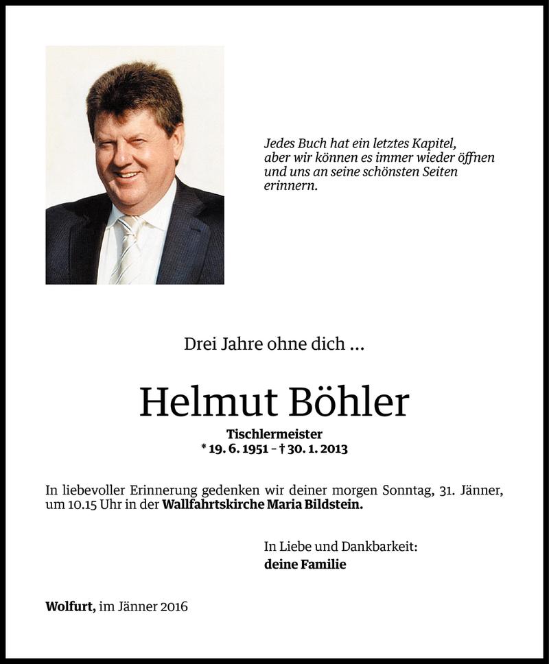  Todesanzeige für Helmut Böhler vom 29.01.2016 aus Vorarlberger Nachrichten