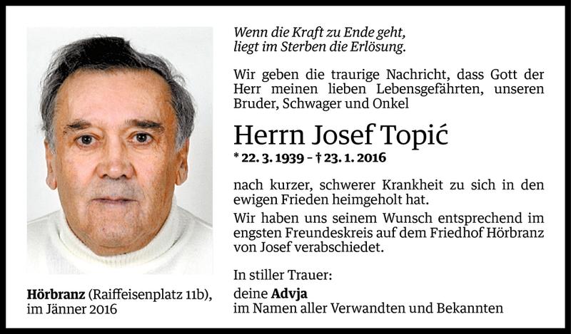  Todesanzeige für Josef Topic vom 29.01.2016 aus Vorarlberger Nachrichten