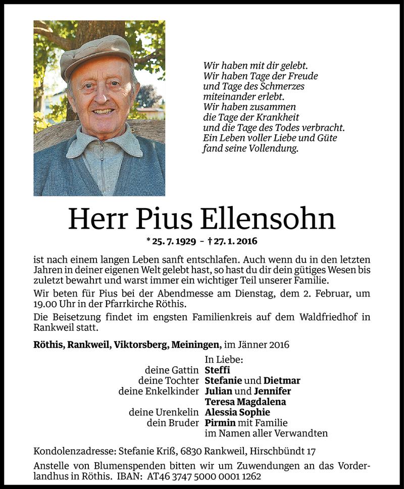  Todesanzeige für Pius Ellensohn vom 30.01.2016 aus Vorarlberger Nachrichten