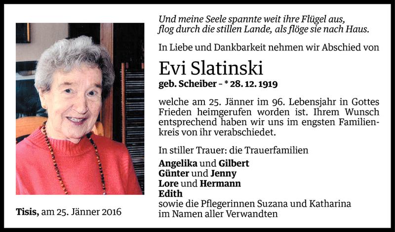  Todesanzeige für Evi Slatinski vom 30.01.2016 aus Vorarlberger Nachrichten