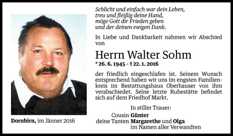  Todesanzeige für Walter Sohm vom 30.01.2016 aus Vorarlberger Nachrichten