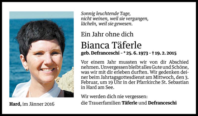  Todesanzeige für Bianca Täferle vom 29.01.2016 aus Vorarlberger Nachrichten