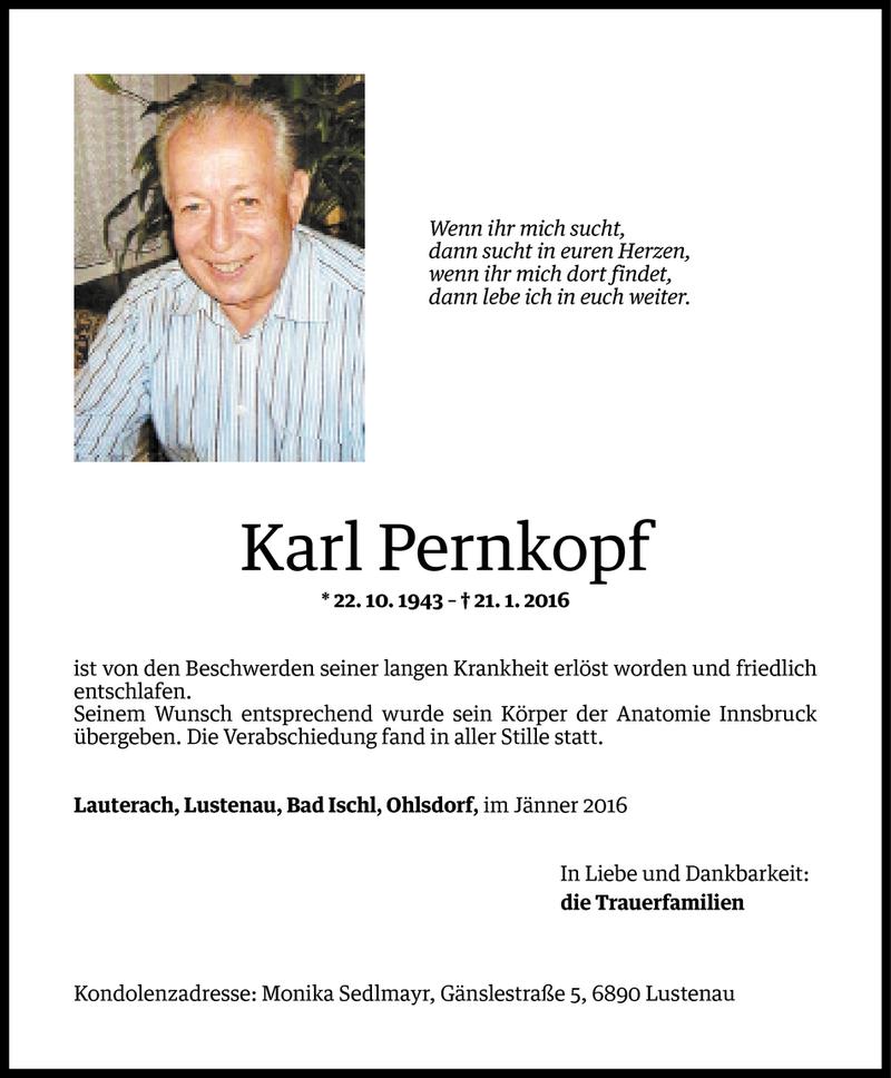  Todesanzeige für Karl Pernkopf vom 30.01.2016 aus Vorarlberger Nachrichten