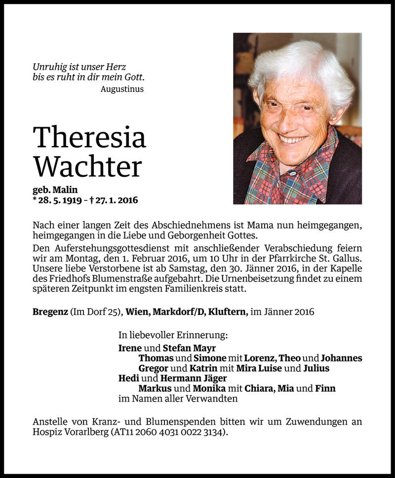  Todesanzeige für Theresia Wachter vom 29.01.2016 aus Vorarlberger Nachrichten