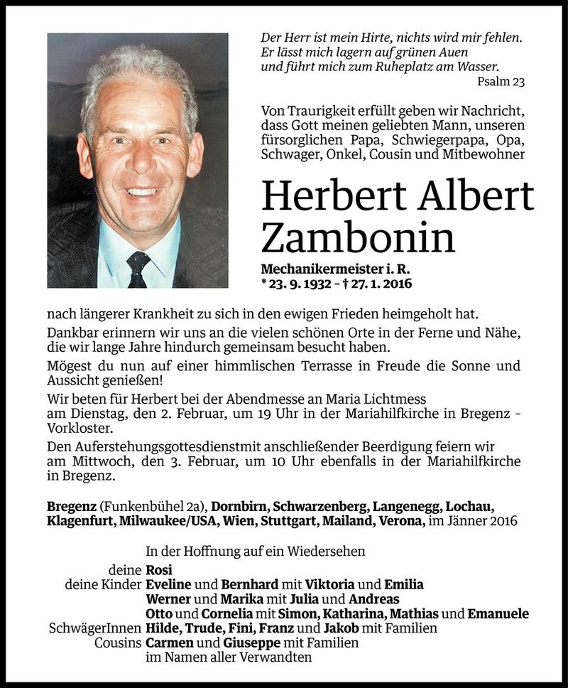  Todesanzeige für Herbert Zambonin vom 29.01.2016 aus Vorarlberger Nachrichten