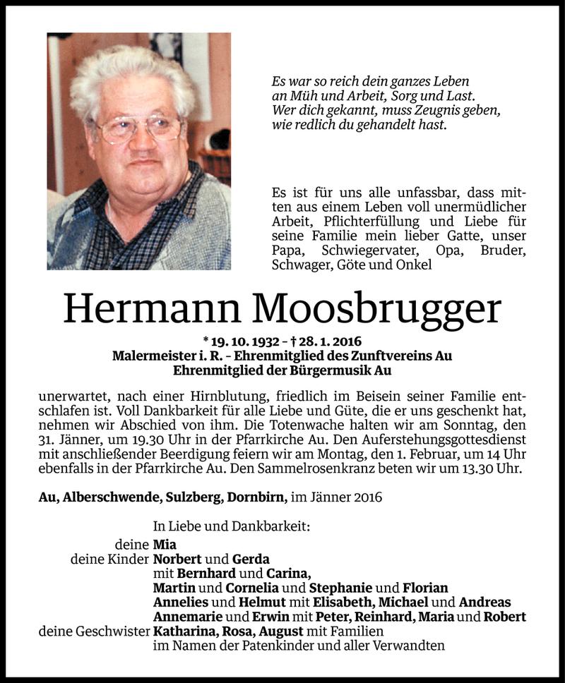  Todesanzeige für Hermann Moosbrugger vom 29.01.2016 aus Vorarlberger Nachrichten