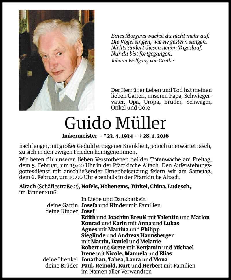  Todesanzeige für Guido Müller vom 30.01.2016 aus Vorarlberger Nachrichten