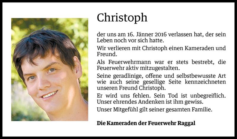  Todesanzeige für Christoph Wagner vom 29.01.2016 aus Vorarlberger Nachrichten