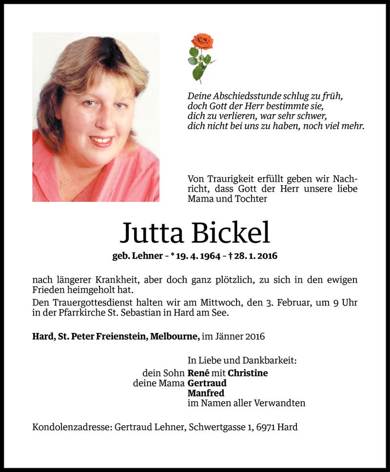  Todesanzeige für Jutta Bickel vom 29.01.2016 aus Vorarlberger Nachrichten