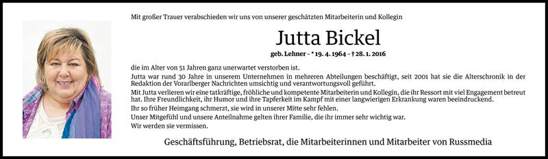  Todesanzeige für Jutta Bickel vom 29.01.2016 aus Vorarlberger Nachrichten