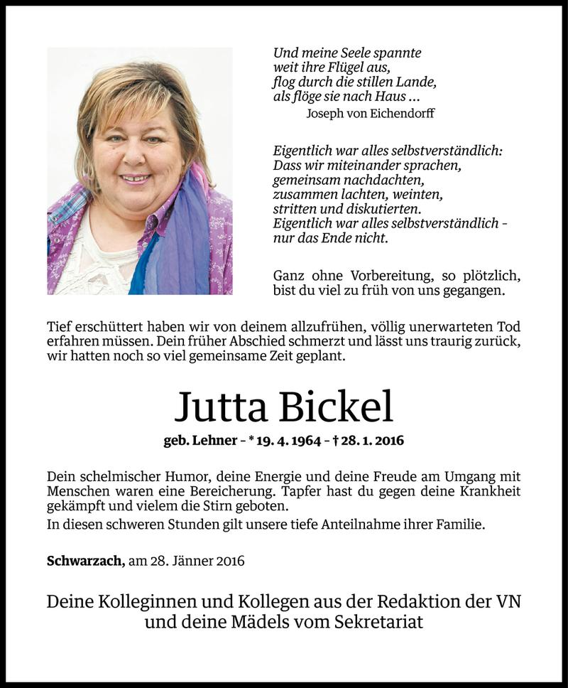  Todesanzeige für Jutta Bickel vom 29.01.2016 aus Vorarlberger Nachrichten