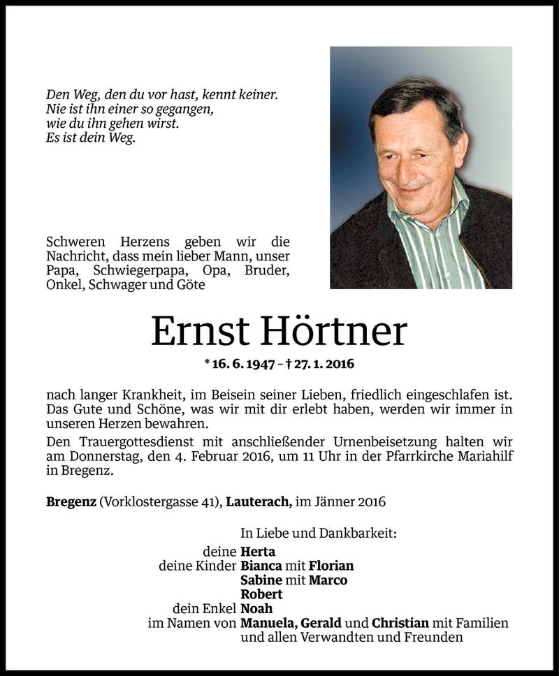  Todesanzeige für Ernst Hörtner vom 01.02.2016 aus Vorarlberger Nachrichten