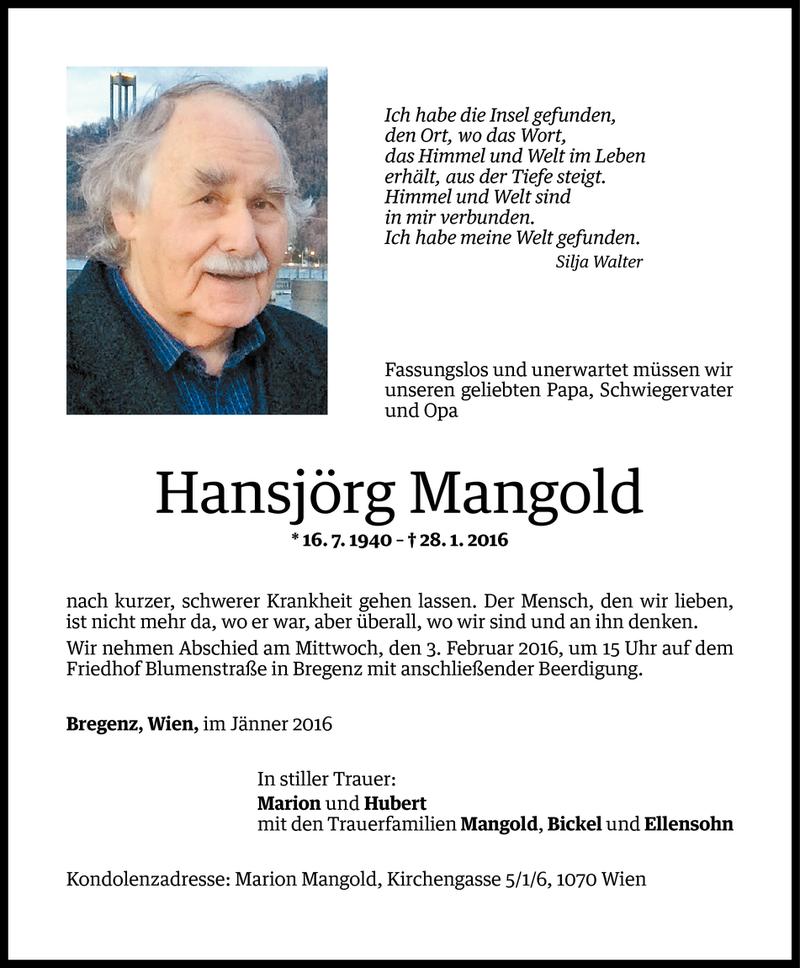  Todesanzeige für Hansjörg Mangold vom 31.01.2016 aus Vorarlberger Nachrichten