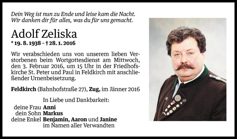  Todesanzeige für Adolf Zeliska vom 31.01.2016 aus Vorarlberger Nachrichten