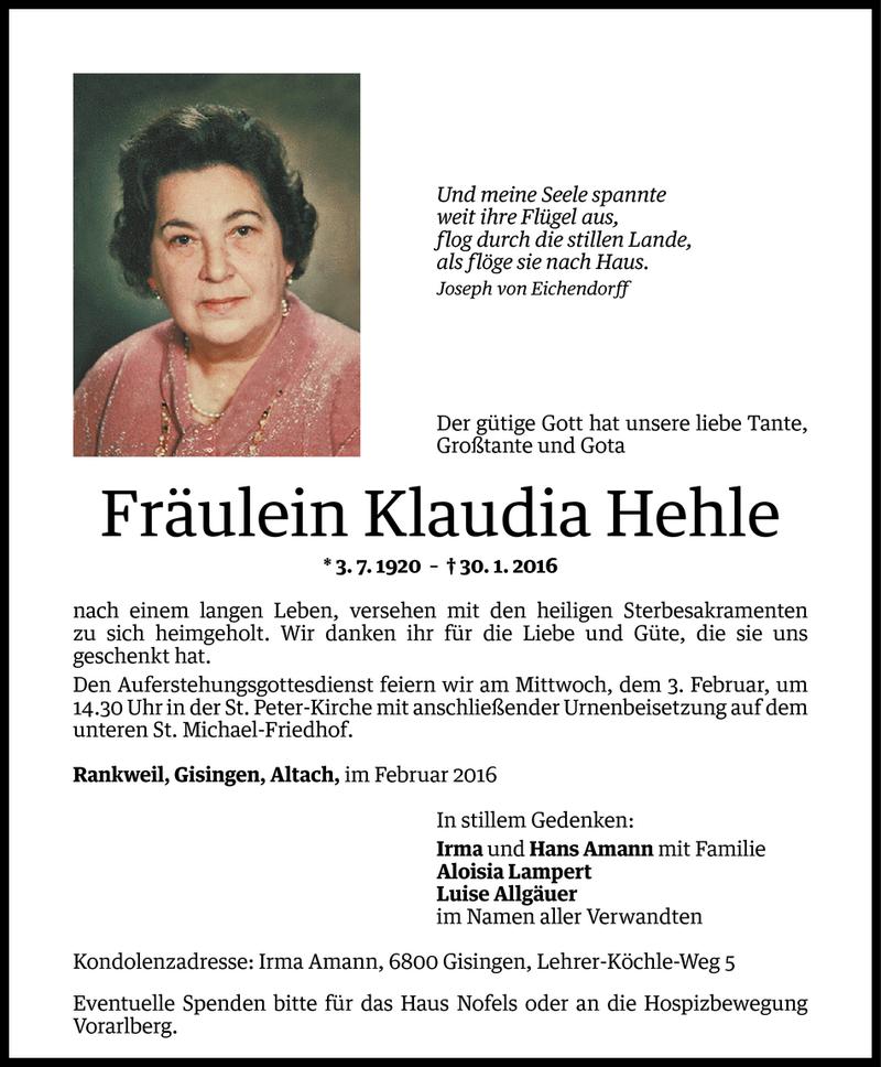  Todesanzeige für Klaudia Hehle vom 01.02.2016 aus Vorarlberger Nachrichten