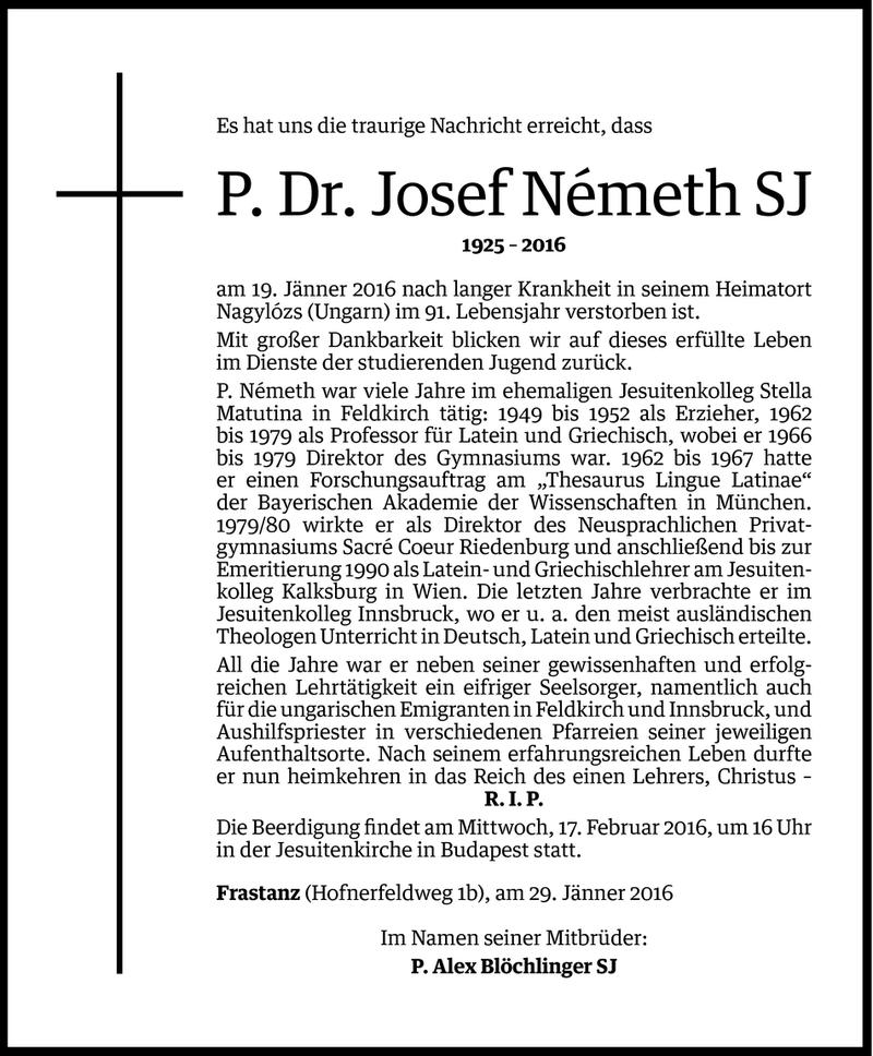  Todesanzeige für Josef Németh vom 01.02.2016 aus Vorarlberger Nachrichten