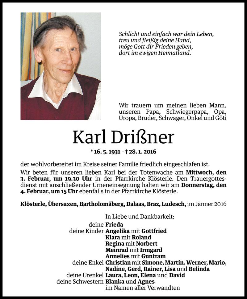  Todesanzeige für Karl Drißner vom 02.02.2016 aus Vorarlberger Nachrichten