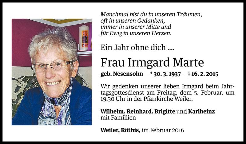  Todesanzeige für Irmgard Marte vom 02.02.2016 aus Vorarlberger Nachrichten