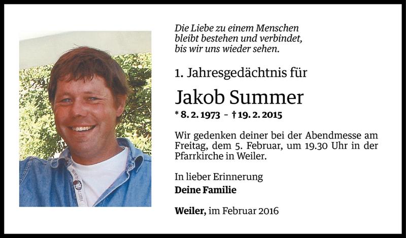  Todesanzeige für Jakob Summer vom 03.02.2016 aus Vorarlberger Nachrichten