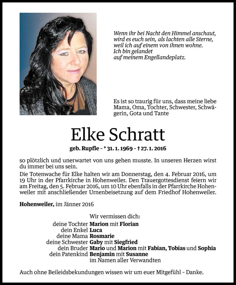  Todesanzeige für Elke Schratt vom 01.02.2016 aus Vorarlberger Nachrichten