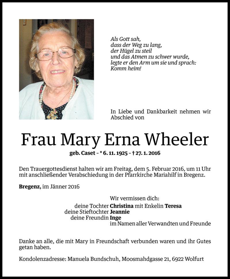  Todesanzeige für Mary Erna Wheeler vom 01.02.2016 aus Vorarlberger Nachrichten