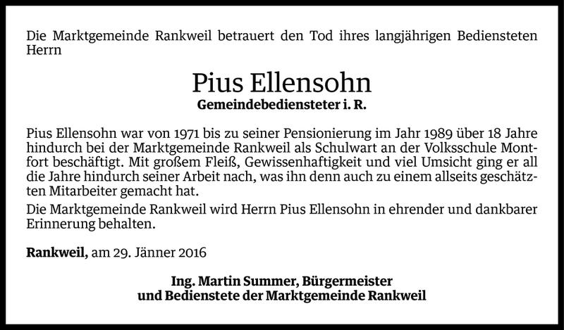  Todesanzeige für Pius Ellensohn vom 01.02.2016 aus Vorarlberger Nachrichten