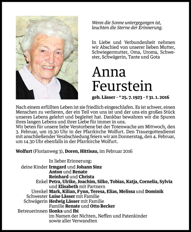  Todesanzeige für Anna Feurstein vom 01.02.2016 aus Vorarlberger Nachrichten