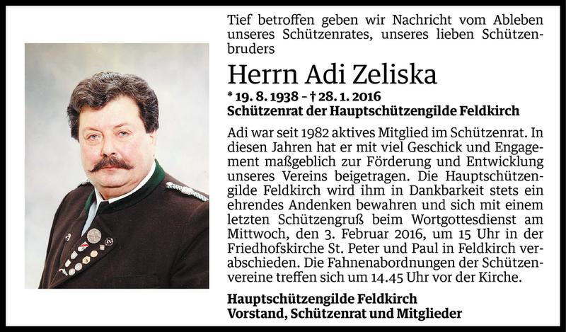  Todesanzeige für Adolf Zeliska vom 01.02.2016 aus Vorarlberger Nachrichten