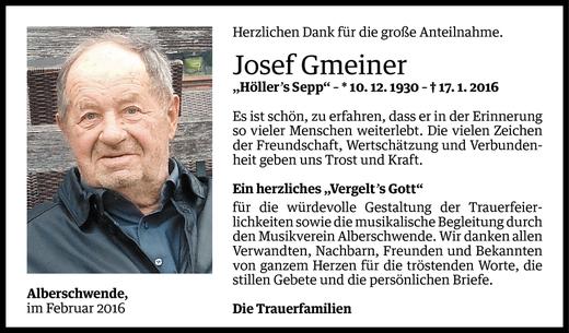 Todesanzeige von Josef Gmeiner von Vorarlberger Nachrichten