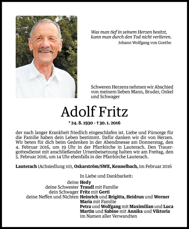  Todesanzeige für Adolf Fritz vom 02.02.2016 aus Vorarlberger Nachrichten