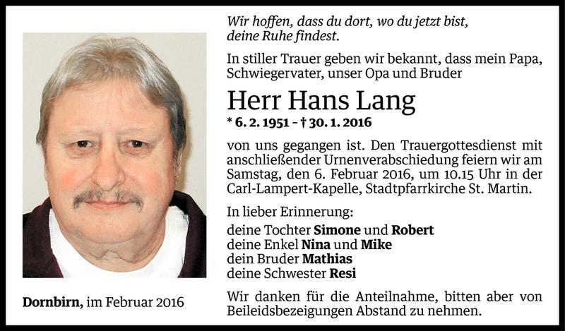  Todesanzeige für Johann (Hans) Lang vom 02.02.2016 aus Vorarlberger Nachrichten