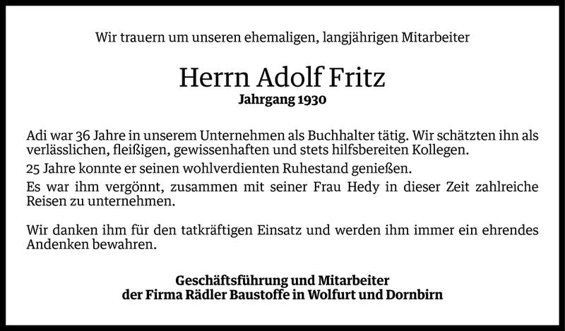  Todesanzeige für Adolf Fritz vom 02.02.2016 aus Vorarlberger Nachrichten