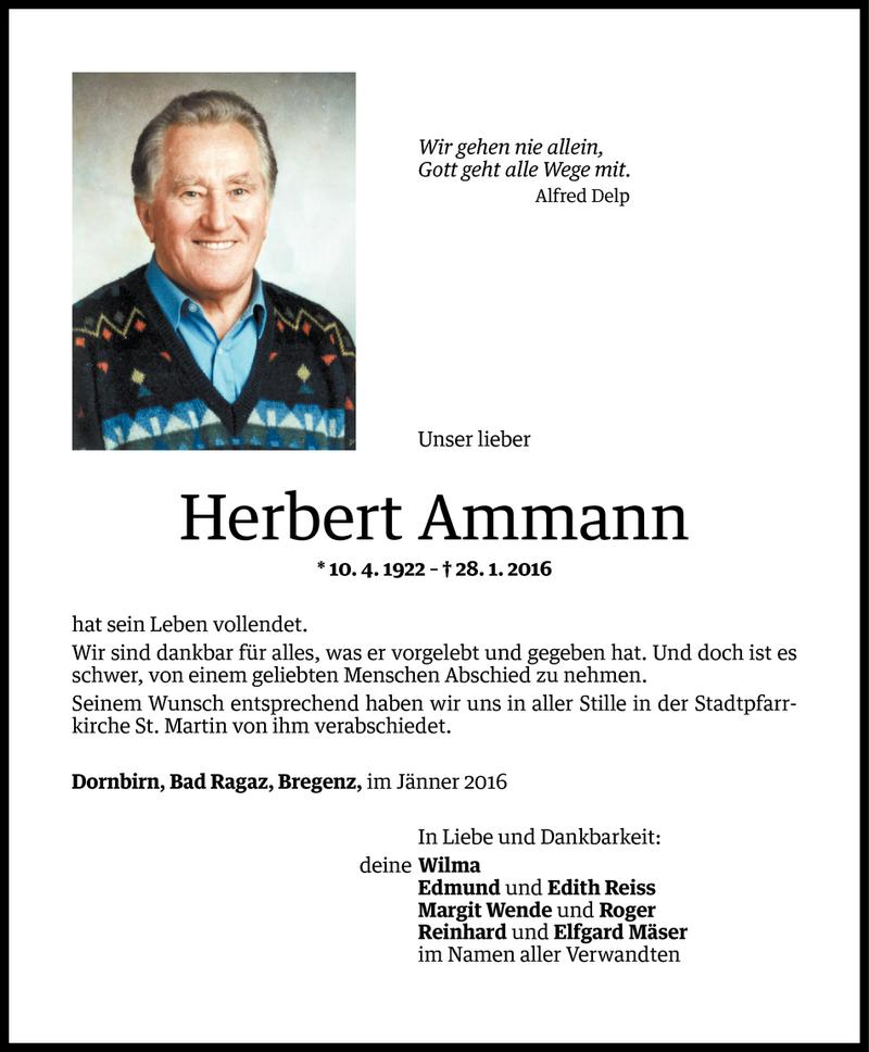  Todesanzeige für Herbert Ammann vom 03.02.2016 aus Vorarlberger Nachrichten