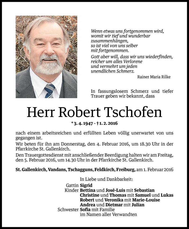  Todesanzeige für Robert Tschofen vom 02.02.2016 aus Vorarlberger Nachrichten