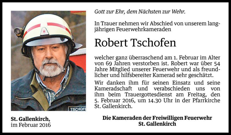  Todesanzeige für Robert Tschofen vom 02.02.2016 aus Vorarlberger Nachrichten