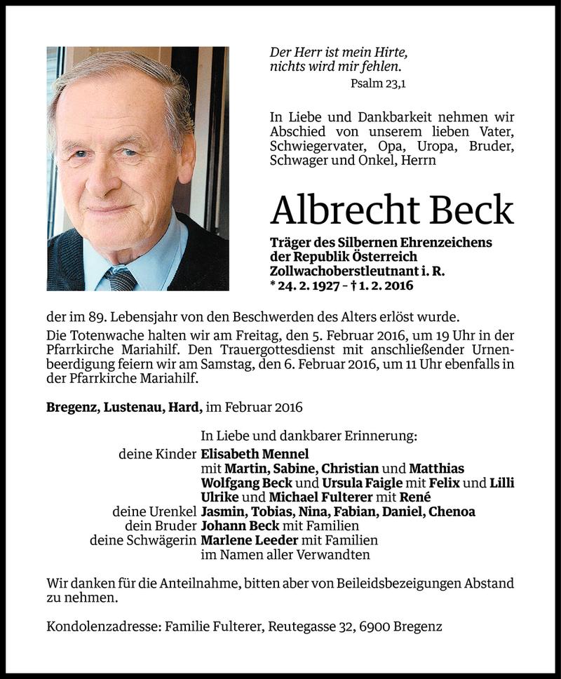  Todesanzeige für Albrecht Beck vom 03.02.2016 aus Vorarlberger Nachrichten