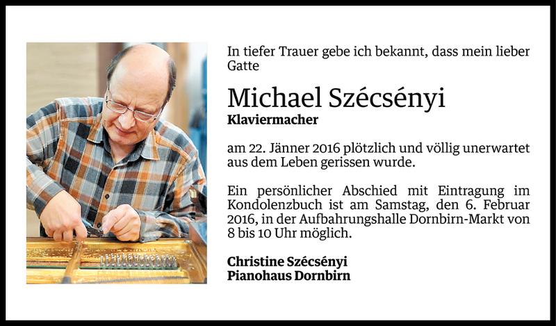  Todesanzeige für Michael Szécsényi vom 02.02.2016 aus Vorarlberger Nachrichten