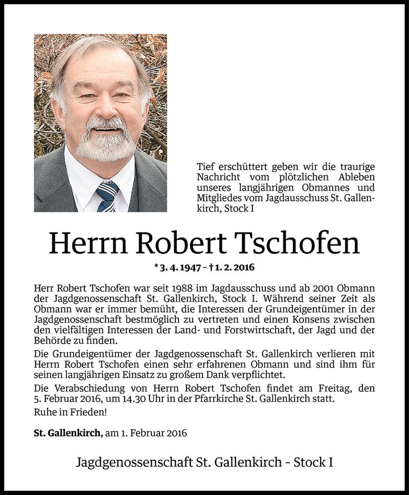  Todesanzeige für Robert Tschofen vom 03.02.2016 aus Vorarlberger Nachrichten