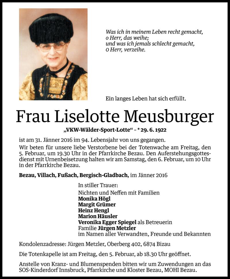  Todesanzeige für Liselotte Meusburger vom 03.02.2016 aus Vorarlberger Nachrichten