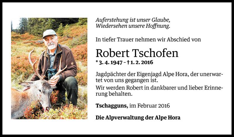  Todesanzeige für Robert Tschofen vom 03.02.2016 aus Vorarlberger Nachrichten